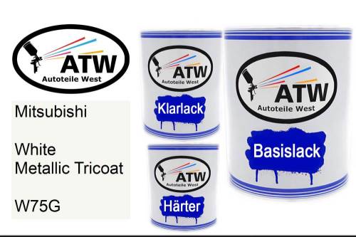 Mitsubishi, White Metallic Tricoat, W75G: 1L Lackdose + 1L Klarlack + 500ml Härter - Set, von ATW Autoteile West.